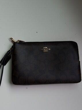 Coach Double Zip Wristlet Wallet in Signature Canvas Brown/Black